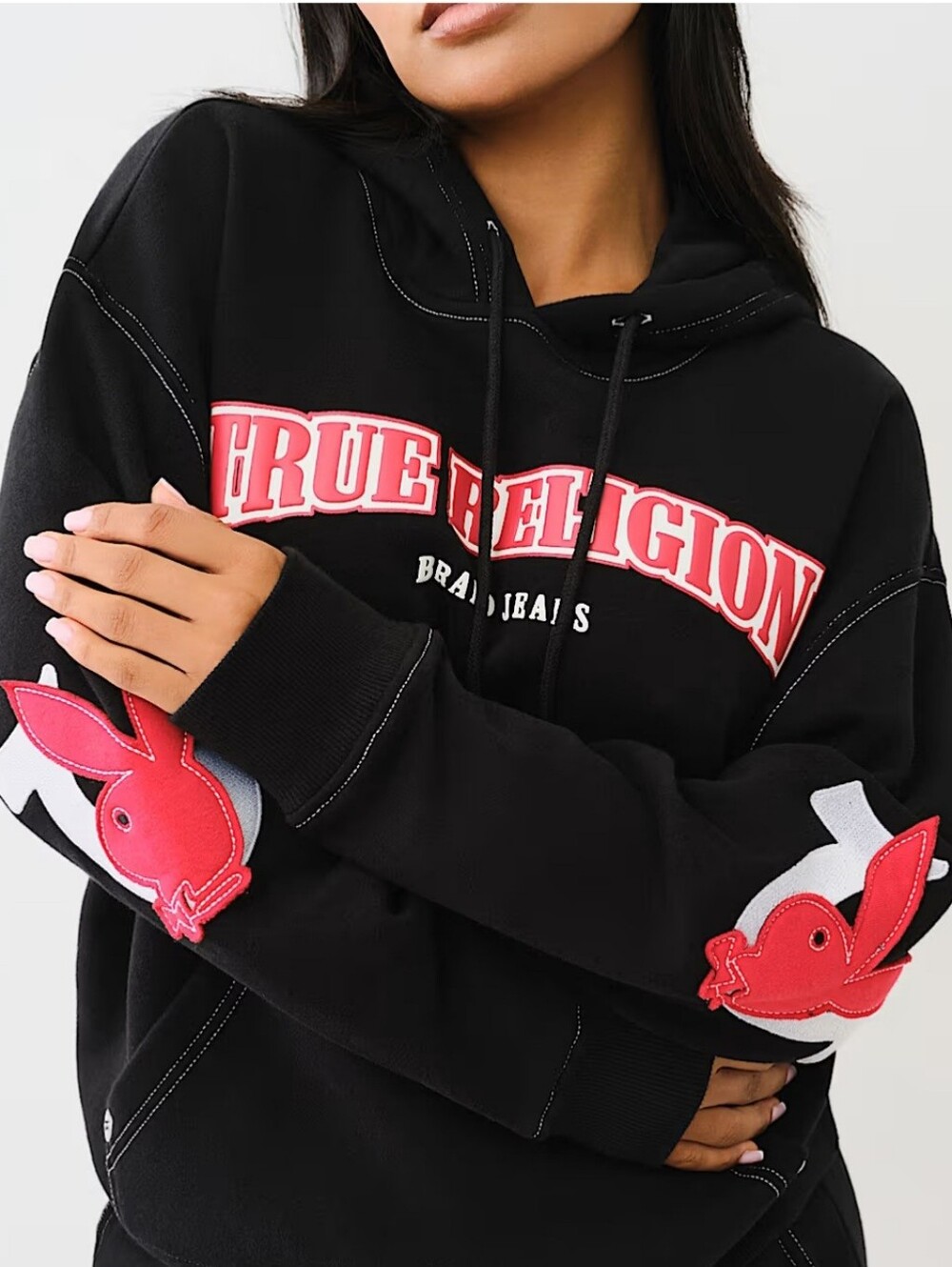 True Religion Playboy Women's Cropped Boyfriend Black Hoodie Small